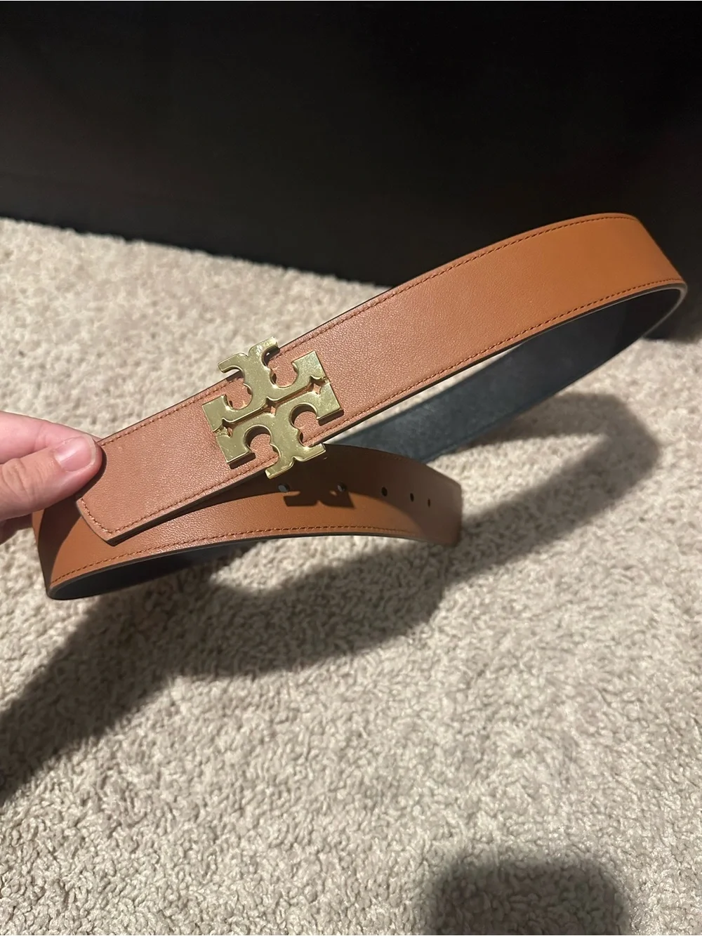 Tory Burch Tan Leather Belt with Gold Logo Buckle